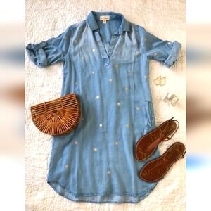 Anthropologie Cloth & Stone Gold-Dotted Chambray Dress